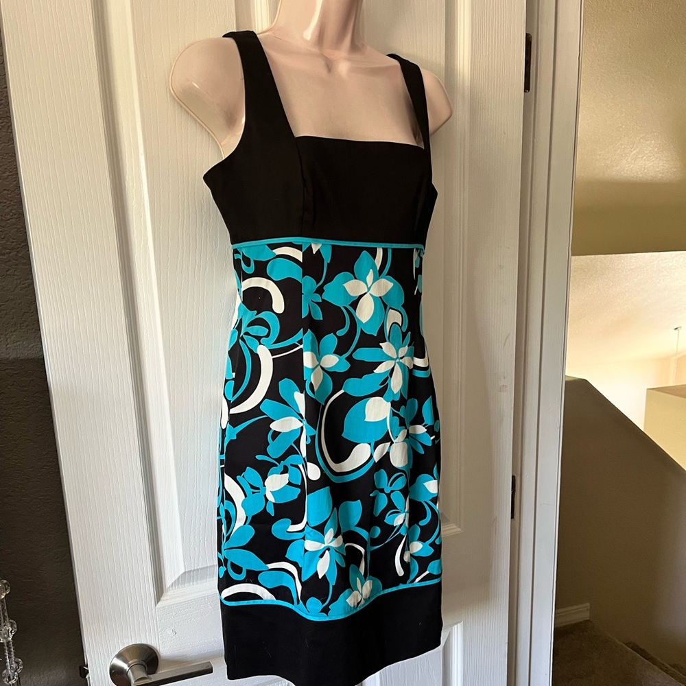 Maggy London Black and Blue Floral Midi Dress